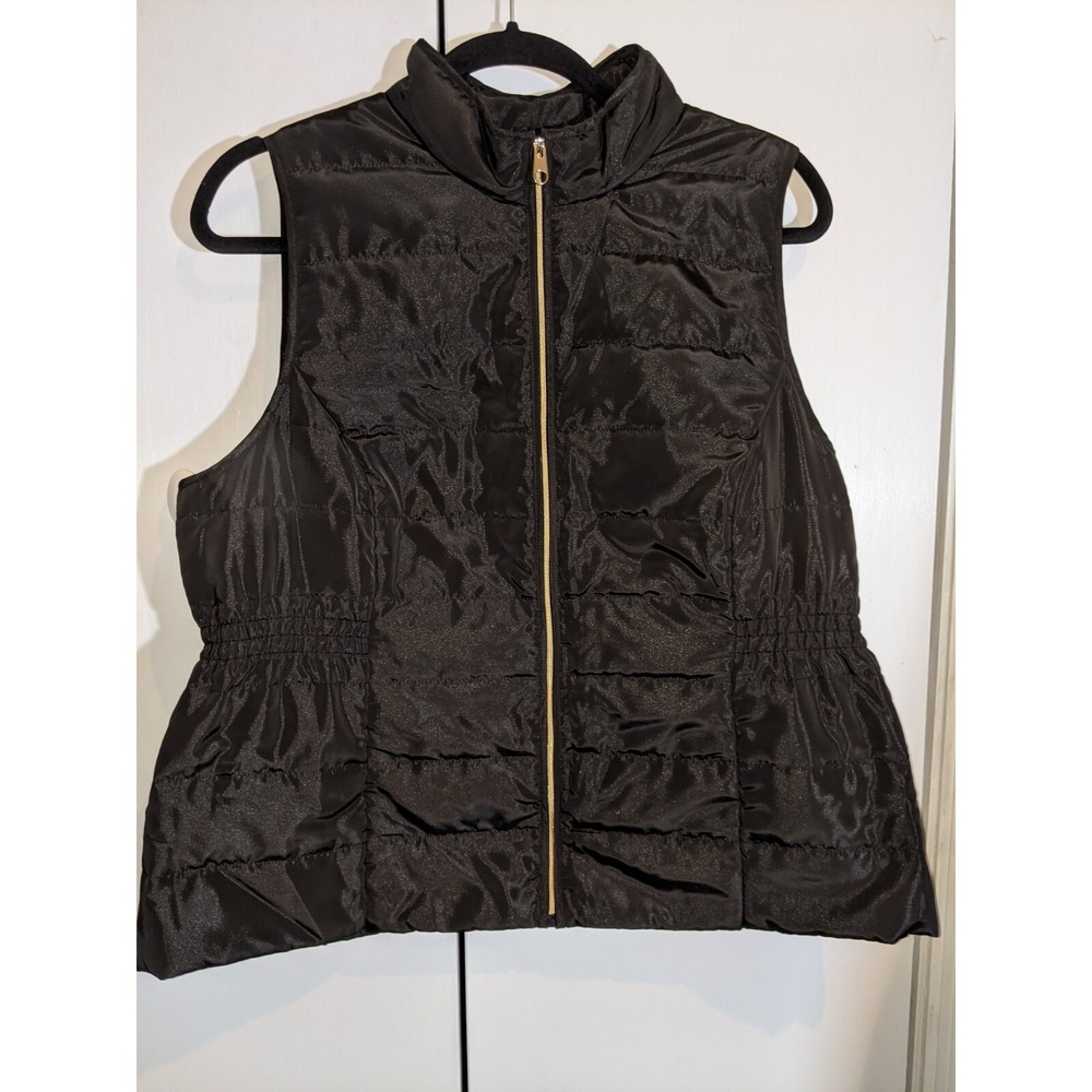 Chicos Quilted Vest Size Large Black Gold Zipper Shiny Full Zip